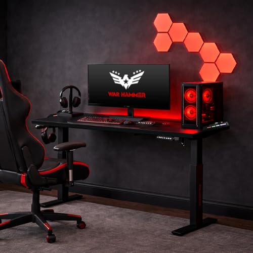 Image of WAR HAMMER RGB Warstation Carbonfibre Automatic Height Adjustable Sit Stand Desk | Black Frame Top Ergonomic Study Table with Digital Display & Memory Preset Option for Home Office (Black (RGB))