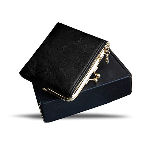 Image of AOXONEL Womens Wallet Small Rfid Ladies Compact Bifold Leather Vintage Coin Purse With Zipper and Kiss Lock, Black, Small, Vintage