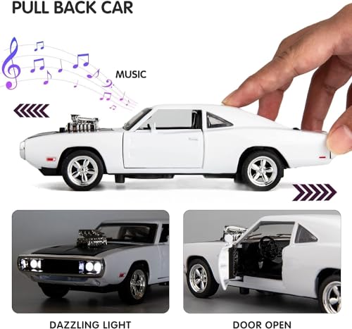 Image of 1:32 Scale Dodge Charger The Fast and The Furious Toy Car | Metal Pullback Diecast Car for Kids with Openable Doors, Sound, Light Effects Toy for Car (Color As Per Available), White