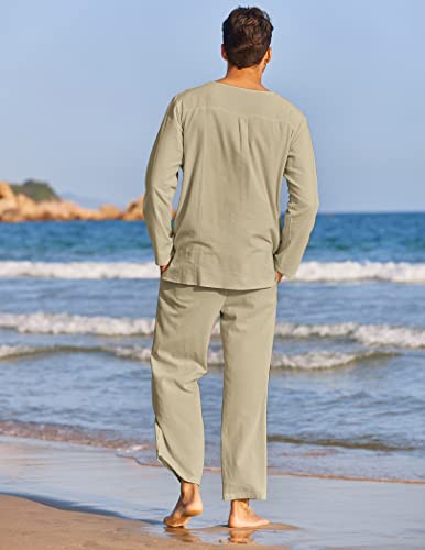 Coofandy Men's 2 Pieces Cotton Linen Set Henley Shirt Long Sleeve And Casual Beach Pants Summer Yoga Outfits #TOP2