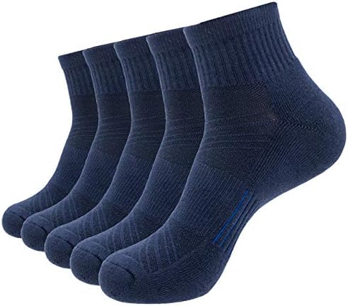 PEARL CARE Mens Dark Blue Combed Cotton Cushioned Athletic Running Ankle Quarter Socks (5 Pack) w/Arch Compression Moisture-Wicking Breathable Soft Padded Sports Socks
