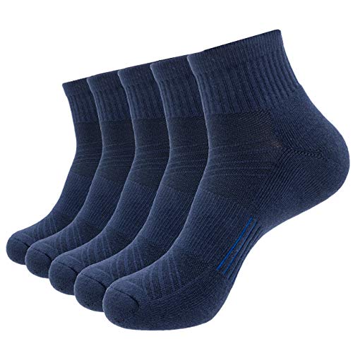 Pearl Care Mens Dark Blue Combed Cotton Cushioned Athletic Running Ankle Quarter Socks (5 Pack) W/Arch Compression Moisture-Wicking Breathable Soft Padded Sports Socks #TOP15