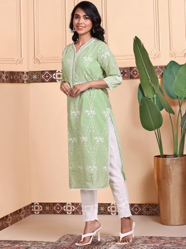 Image of ishin Thread Work Straight Kurta With Pants and Scalloped Schiffli Dupatta