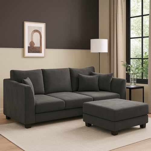 Image of FURNY Premium Ravona 4 Seater Convertible Fabric L Shape Sofa Set, 3 Seater Sofa with Ottoman (Dark Grey) Color with Velvet Fabric | Durable Comfort | Modern Design | Ideal for Living Room