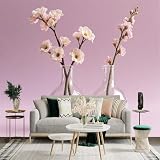 Adesivo da parete di dimensioni personalizzate, fiori di ciliegio rosa in vasi di vetro trasparente, estetica floreale minimalista, sfondo pastello morbido, per decorazione murale, decalcomanie da