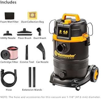 Vacmaster Professional VDK811PW 0201 8 Gallon 4.5 Peak HP Wet/Dry Vac with Self-Cleaning Filter System, 8 Gal, Black