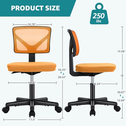 Image of OLIXIS Ergonomic Armless Office Desk Chair with Wheels, Mesh Back, Removable Washable Foam Cushion, Height Adjustable Rolling Swivel Chairs for Small Space, Home, Office, Dark Orange