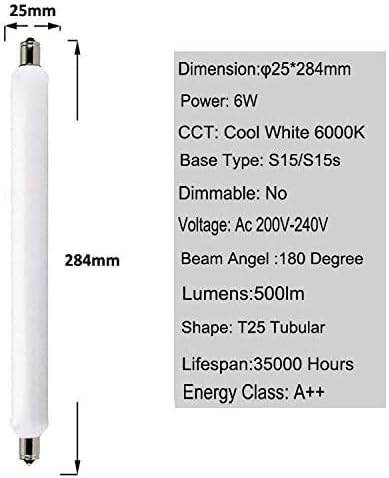 6W S15s LED Light Bulb 284mm, Led Strips Light Cold White 6000K, 60w s15 Tubular Lampt Replacement for Mirror Ligh, Wall Light, Bathroom Shaver Light(2-Pack)