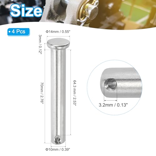 PATIKIL 10 x 70 mm Einzel-Loch-Clevis-Stifte, 4 Stück 304 Edelstahl Flachkopf-Stift für Hitch Pin Lock Link Scharnier-Systeme, Silber