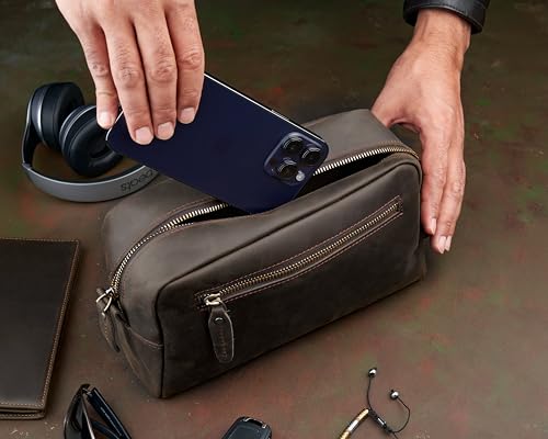 Awesometik Mens Travel Bag Toiletries Organizer Case for Grooming, Toiletry Bag for Men, Travel Essentials Shaving Dopp Kit, Geniune Leather Water Resistant Cosmetic Bag Pouch (Dark Brown)3