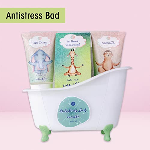 Accentra - Anti-Stress Bade- & Duschset mit Vanilleduft - Geschenk Set zur Entspannung für Frauen zum Geburtstag oder Weihnachten - 5-Teiliges Wellness Geschenk- & Pflegeset mit Mini Deko-Badewanne