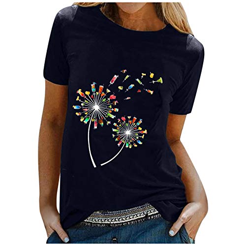 Camiseta con cuello profundo carta camiseta blusa con mangas de estampado corto mujer casual cuello O blusa de mujer, marine, XXXL