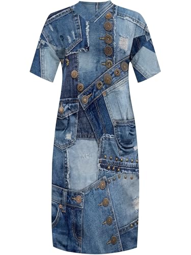 Image of SUZONANA Plus Size Denim Print Maxi Dresses for Women Casual V Neck Short Sleeve with Pockets Soft Jean Look Dress XL-6XL