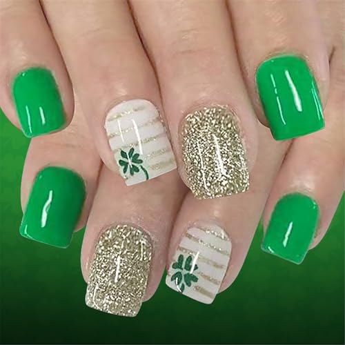 Paquete de 24 uñas postizas Patrick 's Festive verde claro, cortas de plástico ABS, construcción de varios tamaños, listas para vacaciones
