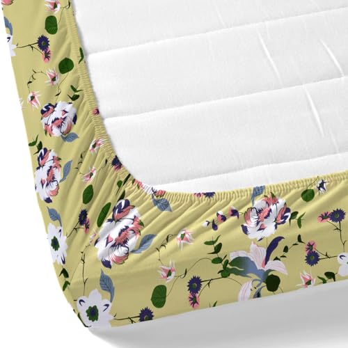 Image of haus & kinder Fitted Cotton Bedsheets King Size, 100% Cotton, 144 TC, Elastic Bedsheet Fitted for Double Bed, Bold Floral