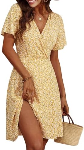 Cicy Bell Damen Sommerkleid Kurzarm Blumenmuster Kleider | Knielang,V Ausschnitt,Leicht,Wrap,Elegant,Midikleid,A-Linie,Freizeitkleid,Dress,Strandkleid