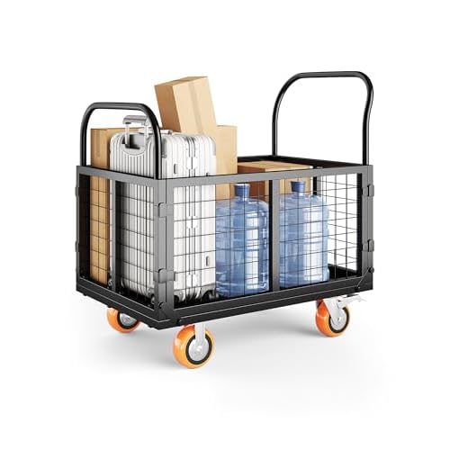 Platform Truck Cart with Cage, 6-in-1 Multi-Purpose Flatbed Cart, Foldable Hand Truck Load 1800 LBS with 4 Wheels Push Cart Dolly for Grocery, Laundry, Garage, Warehouse (Black)