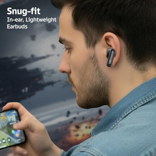Image of pTron Bassbuds Turbo in-Ear TWS Earbuds w / 40ms Low-Latency, 50Hrs Playtime, Custom EQ, App Support, Dual Mic, TruTalk AI-ENC Calls, Immersive Sound, RGB Lights, Bluetooth V6.0, IPX5 (Raven Black)