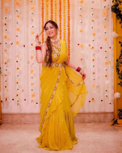 Girlish Partywear Lehenga Ruffle Embroidery Work Lehenga Saree Blouse Sari 13469 (Yellow, xxl)
