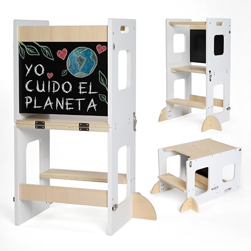 KYWAI® Torre de Aprendizaje Plegable Montessori Premium, Torre Aprendizaje Plegable 3 en 1: Convertible en Escritorio con Pizarra – Marca Comprometida con la Reforestación, Desde 1 Año