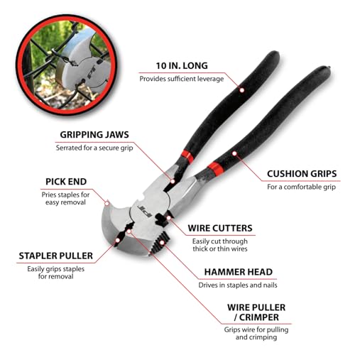Image of Performance Tool W1722 10 in. Fence and 8 in. Diagonal Pliers Set | Drop forged alloy steel. Cushion grip handles. Features hammer head, pick end, wire cutters and crimper