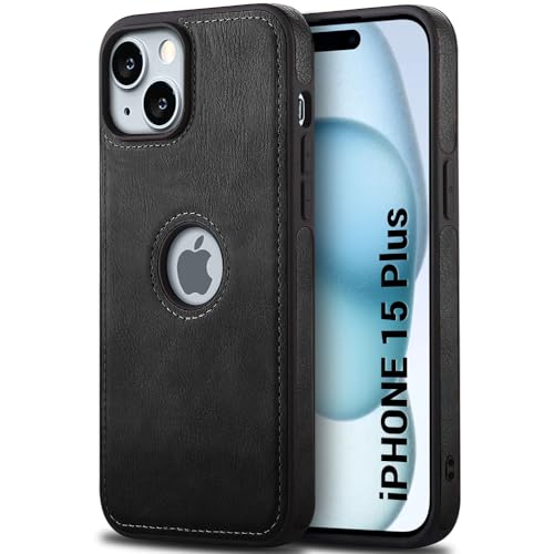 Image of TheGiftKart Genuine Leather Finish Back Cover Case for iPhone 15 Plus | Shockproof Design | Raised Edges for Camera & Screen Protection | Stunning Minimalist Design Case Cover (Black Sides, Black)