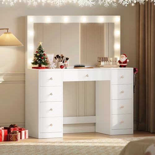Dowinx Vanity Desk with Large Mirror and Lights, 43.3in Vanity Desk with 12 LED Bulbs and HD Mirror, 3 Lighting Modes, Makeup Vanity with Power Outlet 9 Drawers & Storage for Girls Bedroom