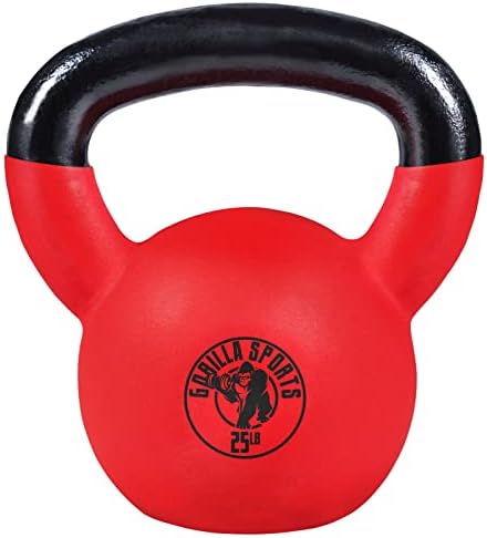 GORILLA SPORTS® Kettlebell - 10, 15, 25, 35, 45, 55 lb, German Quality Cast Iron, Neoprene Coating, Water Resistant Cover, Red/Black - Kettle Weights, Workout Equipment, Strength Training Weights, Gym