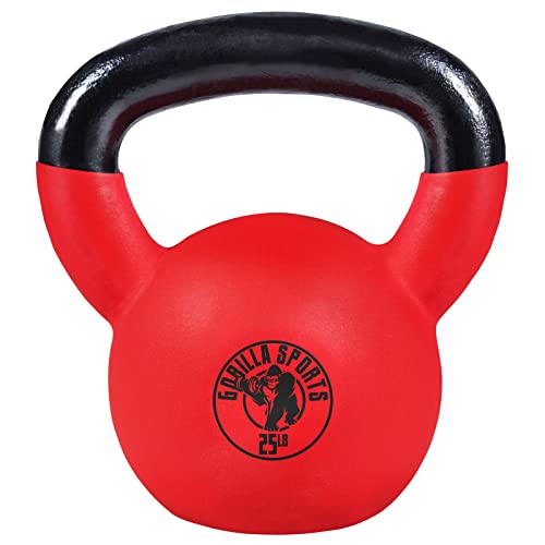 Gorilla Sports® Kettlebell - 10, 15, 25, 35, 45, 55 Lb, German Quality Cast Iron, Neoprene Coating, Water Resistant Cover, Red/Black - Kettle Weights, Workout Equipment, Strength Training Weights, Gym #TOP2