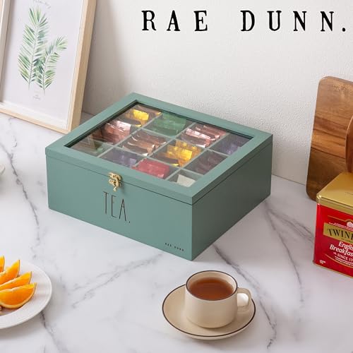 Rae Dunn Tea Bag Organizer - Tea Box Divided Storage Container Box with Hinge Lid for Kitchen Cabinet, Countertop, Pantry, Hold Coffee Pods, Seasoning Packets, Condiments, Sage by Rae Dunn - Image 3