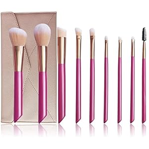 Makeup Brushes-9 Pink Beveled Tail Beauty Tools with Wooden Handle with Case, Face Eye Shadow Eyeliner Foundation Blush Lip Powder Liquid Cream Blending Brush Ideal gift
