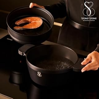 Stone&Stone Set di pentole 5 pezzi a induzione | Pentola 24cm a Vapore + Griglia Bistecchiera + Piroscafo per Alimenti a 3 Livelli Impilati + Coperchio In vetro temperato + Cucchiaio