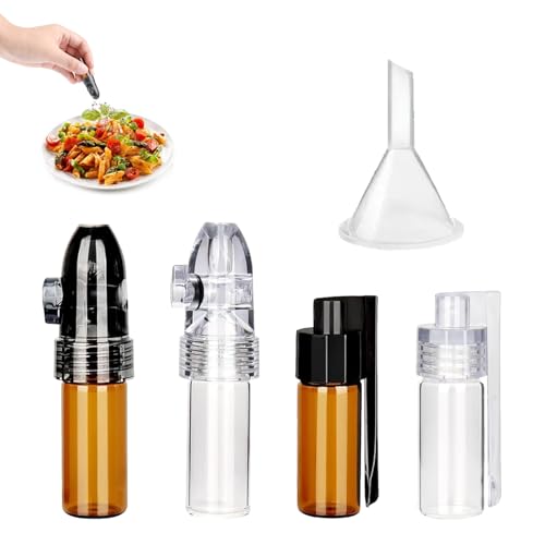 Set de 5 Botellas de Especias en Polvo, Botellas de Almacenamiento para Especias y Viajes, Incluye 2 Botellas de Vidrio con Cucharas, 2 Botellas para Especias en Polvo, 1 Mini Embudo, Blanco y Marrón