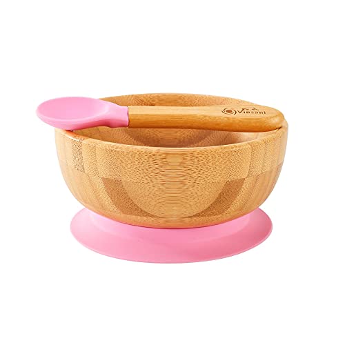 Vinsani Juego de cuenco y cuchara de bambú para bebé/niño pequeño, plato de succión, diseño permanente, hipoalergénico y sin BPA (rosa) Cover