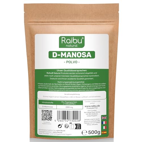 RAIBU Polvo de D-Manosa - Polvo de D-Manosa envasado y verificado por laboratorio en Europa I Natural, Vegano, Sin Aditivos I Cucharita dosificadora extra de Raibu. (500 g)