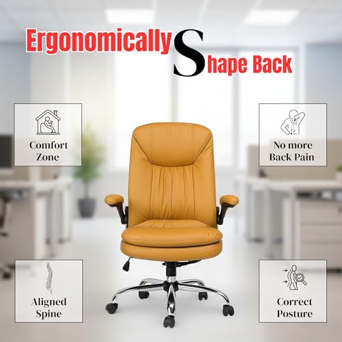 Image of Premium Leatherette Executive Office Chair with Chrome Base & Padded Armrests | Adjustable Height Swivel Desk Chair for Office & Home (Khaki)