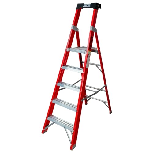 Excel Electricians Fibreglass StepLadder 3/4/5/6/8 Tread EN131 - Heavy Duty 6 Treads ladder, foldable ladder, folding stepladder, lightweight stepladder, fibreglass stepladder (5 Tread, Red Color)