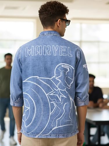 Image of Bewakoof Official Marvel Merchandise Captain America Men's Graphic Print Regular Fit Full Sleeve Collar Pure Cotton Shirt