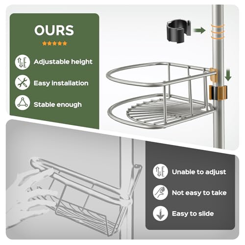 Image of HAMITOR Corner Shower Caddy Tension Pole 4 Tier Rustproof Shampoo Organizer | 47.7-123.6In Adjustable Shelves For Renters, No Drill Quick Install, Space Saving Family Bathroom Storage, Silver Gray Finish