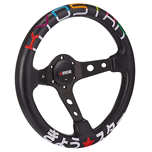 Kyostar Universal Japanese Embroidery 350mm Deep Dish Steering Wheel, 6 Bolt Leather Steering Wheel with Horn Button