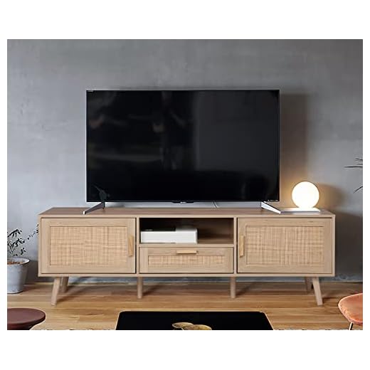 Finnhomy 59" TV Stand, TV Console for up to 65 inches TV with 2 Hand Made Rattan Decorated Doors, Living Room Entertainment Center TV Table with Storage, Natural