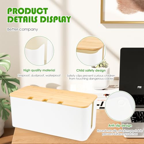 Kabelbox, Kabelmanagement Box, Kabel Organizer Box mit Holzdeckel, Große, Mittelgroß und Kleine Kabelmanagement Box Adapter, Steckerleisten, Kabel Verstecken Box Weiß (L=40.7 * 15.7 * 13.4cm)