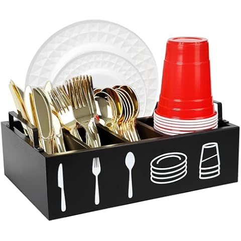 TWIZIUAO Paper Plate Holders for Party, Wooden Utensil Holder for Kitchen, 5 Compartment Utensil Holder Silverware Organizer,Paper Plate Organizer Under Cabinet for Picnic,BBQ - Black Cover