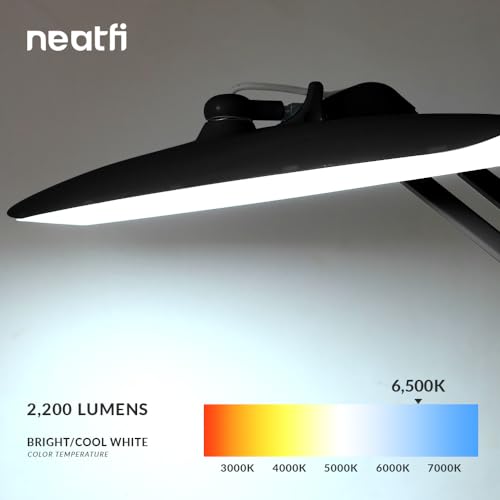 Neatfi XL LED Lampa biurkowa z podstawą, 2200 lumenów, 24W, szeroka głowica 50 cm, 4 poziomy regulacji jasności, lampa robocza do biura domowego, rękodzieła i stołu (Bez CCT z Podstawą, Czarny)