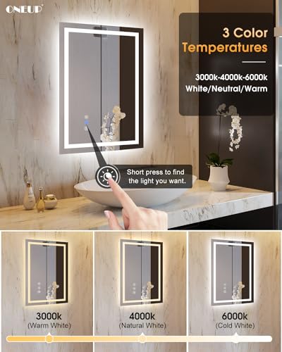 Oneup BML1624 16X24''Small Bathroom Mirror With Lights,Front Lighted Bathroom Mirror For Wall,Stepless Dimmable,Anti-Fog,Modern Led Vanity Mirror,Memory,Touch Botton thumb #4