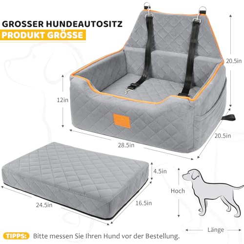 GL GLENSLAVE Hundesitz für große/mittlere Hund, Hundeerhöhungssitz unter 55Lbs oder 2 kleine Hunde, abnehmbar und waschbar Hundesitz mit dicken Kissen und Aufbewahrungstaschen (grau)