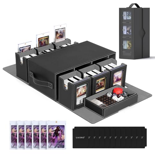 Image of UAONO MTG Deck Box, 6-Deck Modular Commander Deck Box with Dice Tray | Hold 600+ Double-sleeved Cards, Modular TCG Card Deck Box with 35PT Magnetic Card Holder for Magic the Gathering Black Grey