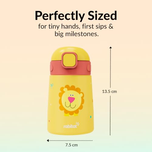 Image of rabitat Milo Stainless Steel Water Bottle 350ml | 2 Year Brand Warranty | BPA Free | Leakproof Steel Sipper Bottle for Kids | Flip Lock Lid with Straw | Easy Carry Handle | Sunny Roar