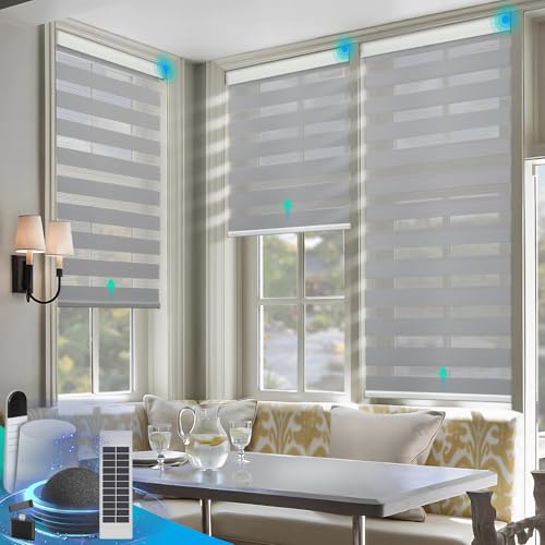 DENFOON Motorized Zebra Blinds with Solar Powered ，Gray, 24" W x 72" H