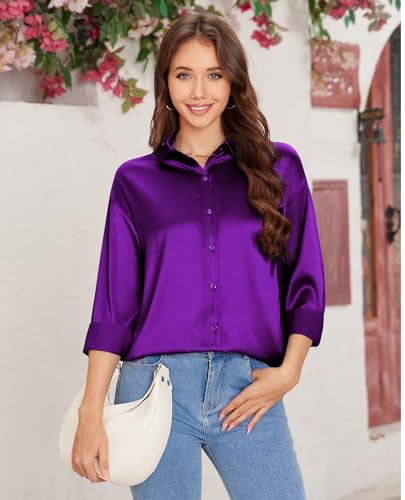 siliteelon Satin Blouses for Women Silk Button Down Shirts Casual Long Sleeve Shirt Business Office Work Tunic Tops4